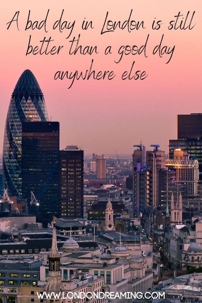The skyline of London at sunset, with a beautiful pink sky and text overlay saying "A bad day in London is still better than a good day anywhere else"