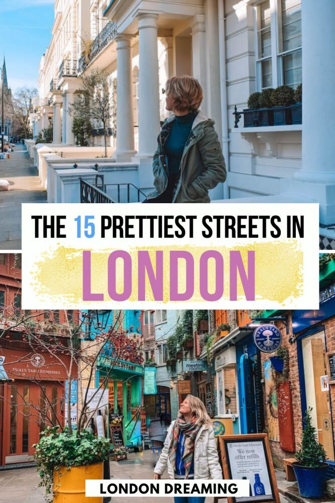 Collage of Notting Hill and Neal's Yard with text overlay saying "The 15 prettiest streets in London"