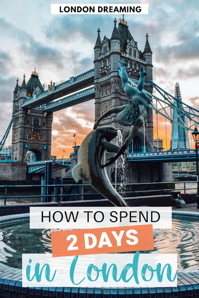 Photo of Tower Bridge and the Shard at sunset with text overlay saying "How to spend 2 days in London"