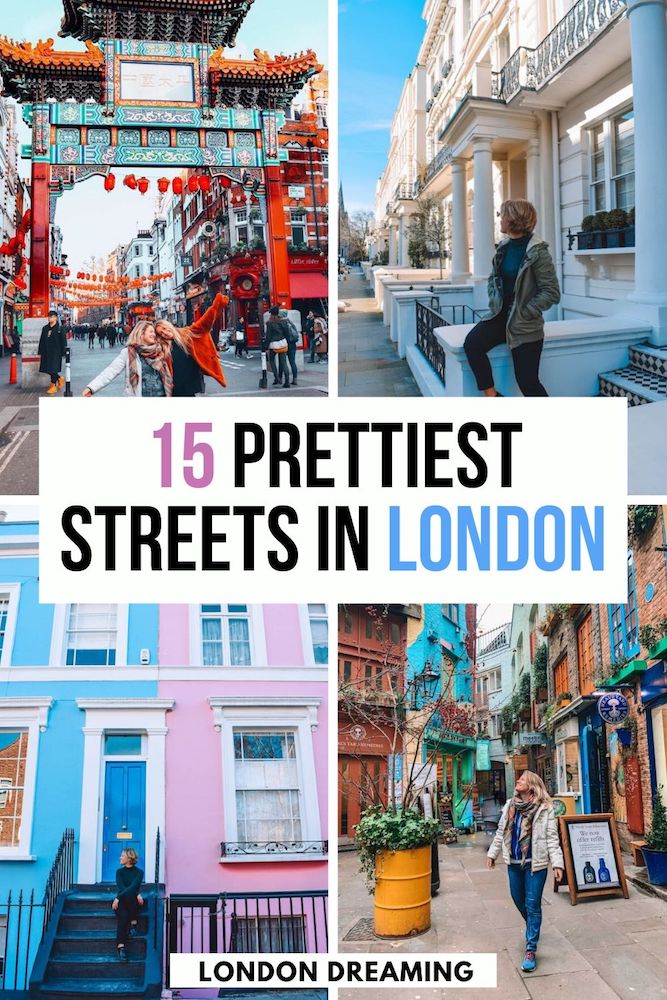 Collage of Notting Hill, Wardour Street and Neal's Yard with text overlay saying "The 15 prettiest streets in London"