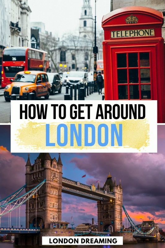 Collage of Tower Bridge and a red phone box with text overlay saying "How to get around London"