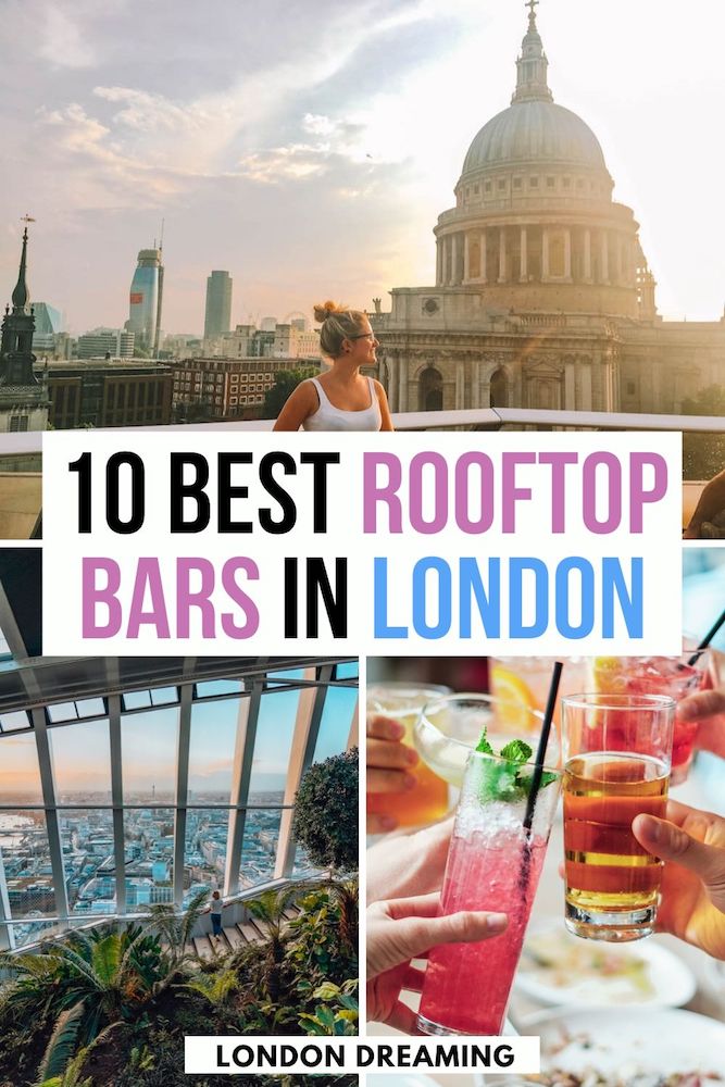 Collage of the views from Madisons Rooftop Bar, Sky Garden and cocktails toasting with text overlay saying "10 best rooftop bars in London"