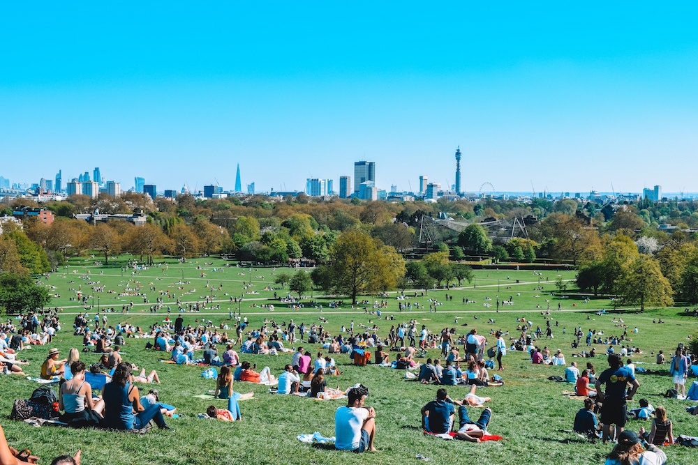 Enjoying the view over Regents Park and the London skyline from Primrose Hill