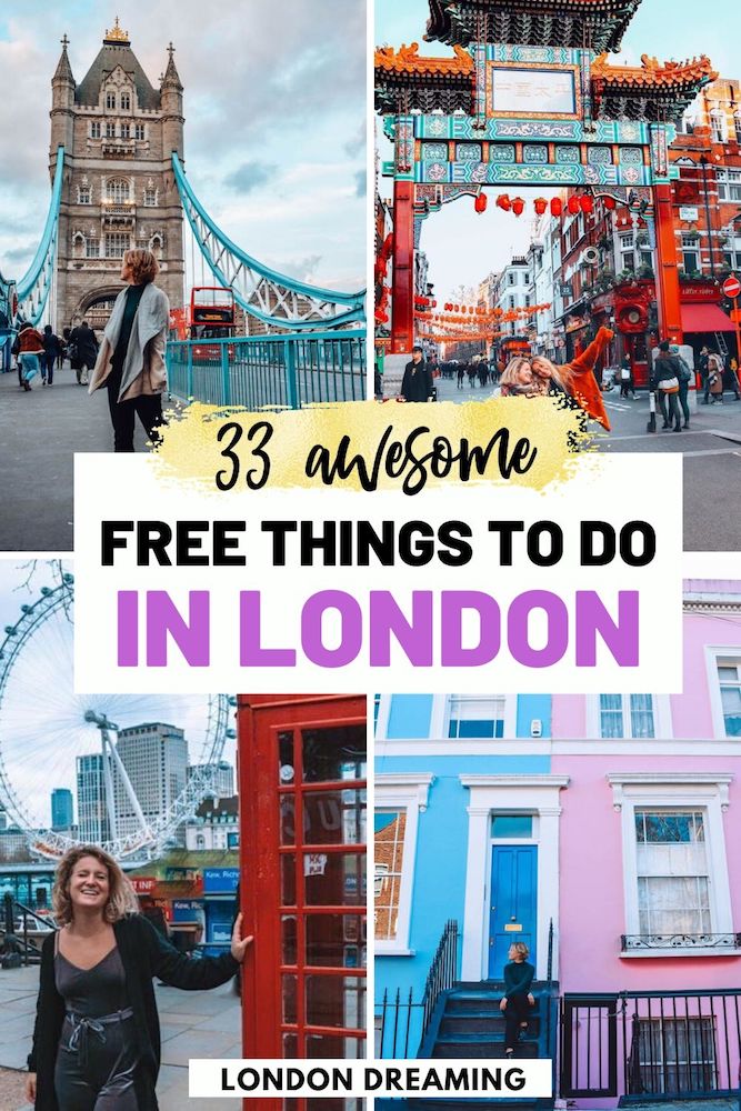 Collage of Portobello Road, the London Eye, Chinatown Gate and Tower Bridge with text overlay saying "33 awesome free things to do in London"