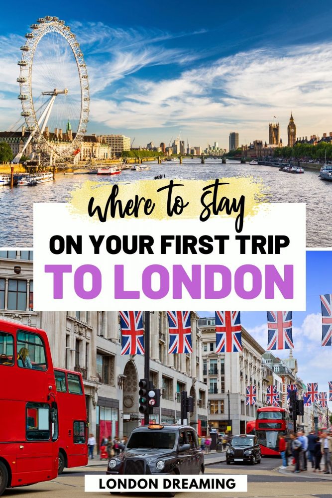 Collage of Oxford Street and the River Thames with text overlay saying "where to stay on your first trip to London"