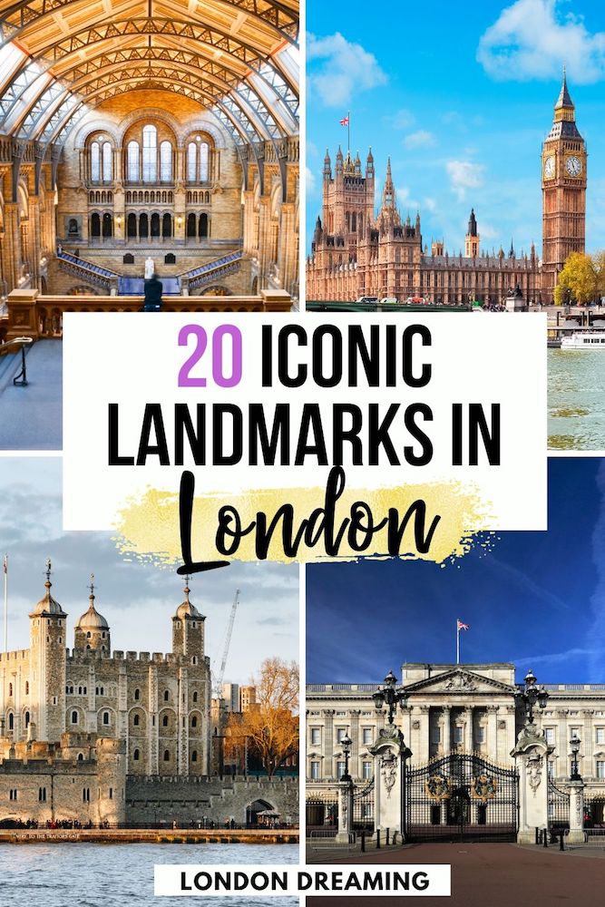 Photo collage of Westminster Palace, the Tower of London, Buckingham Palace and the Natural History Museum in London with text overlay saying "20 iconic landmarks in London"