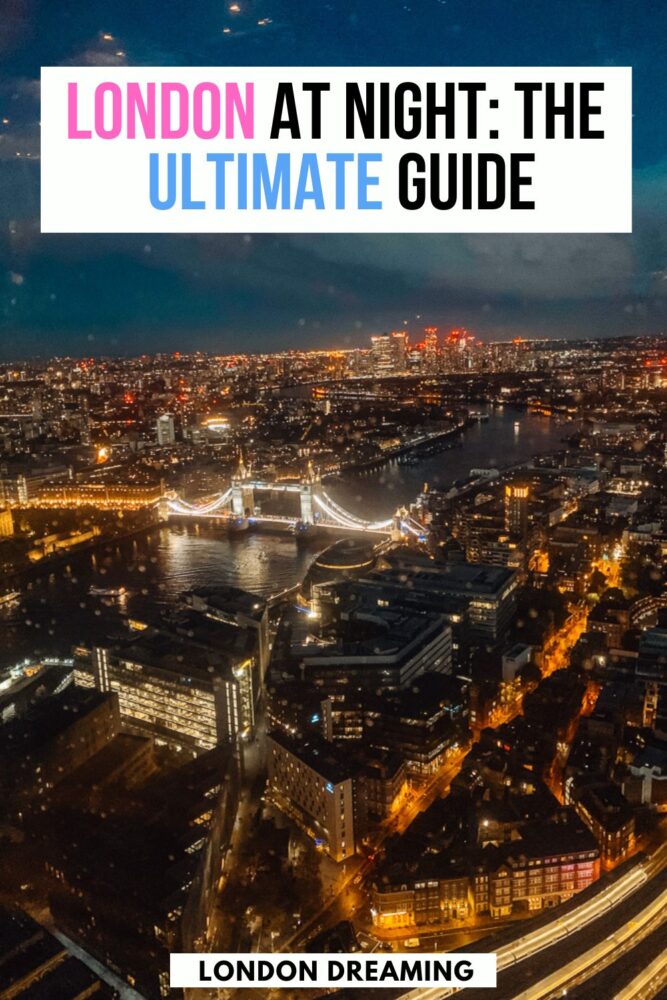 Photo of the view from The Shard at night, taking in Tower Bridge, the Thames and Canary Wharf in the distance, with text overlay saying "London at night: the ultimate guide"